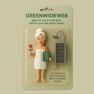 Actionfigur einer Frau im Handtuch mit QR-Gurken, Rose, Buch „Energieeffizienzgesetz“, daneben ein Server mit Duschkopf – satirischer Hinweis auf nutzbare Abwärme von KI-Rechenzentren.