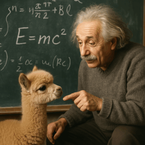 Einstein zeigt einem Alpaka-Jungtier vor einer Tafel mit „E=mc²“ die Relativitätstheorie.